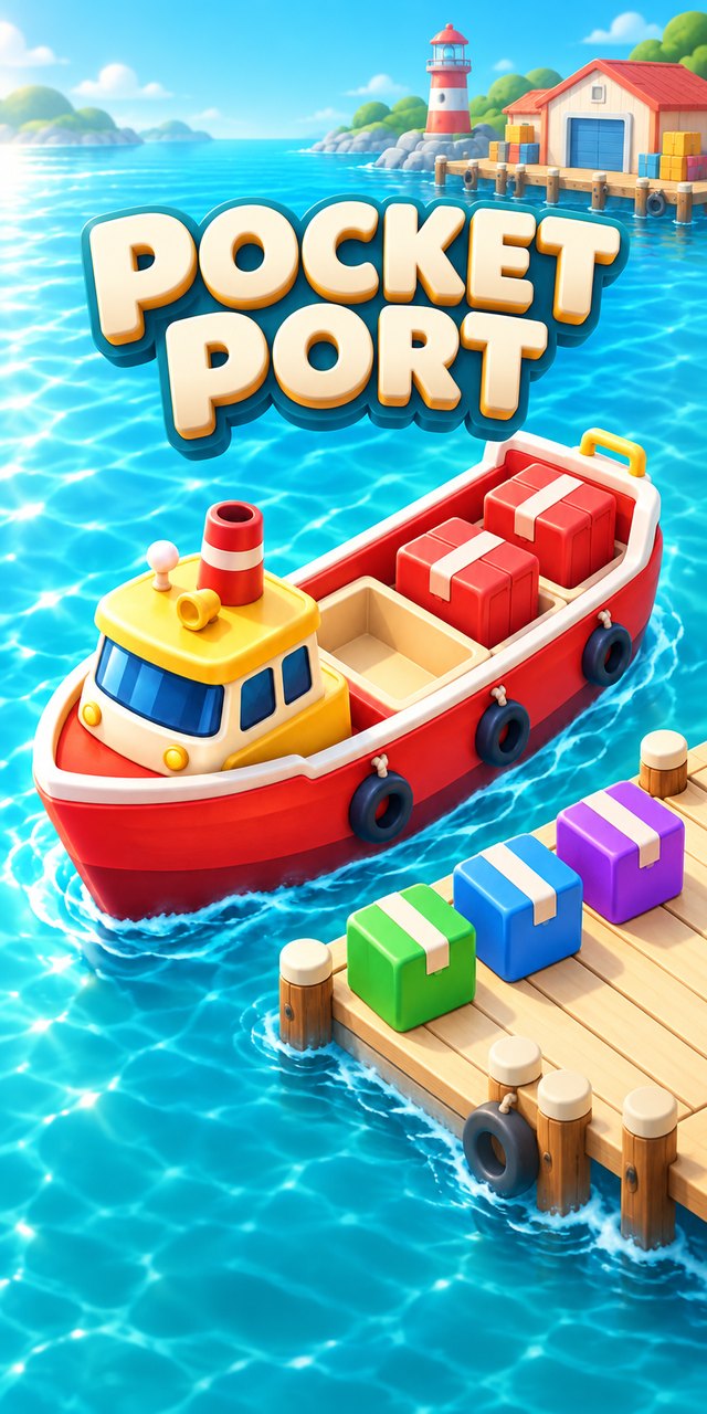 Pocket Port key art: a cheerful red cargo boat at a sunny harbor