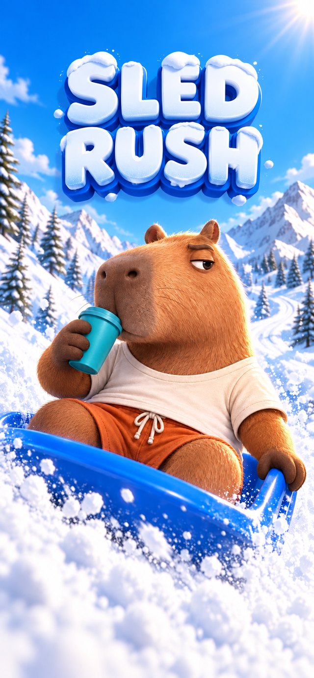 Sled Rush key art: a capybara sledding down a snowy mountain